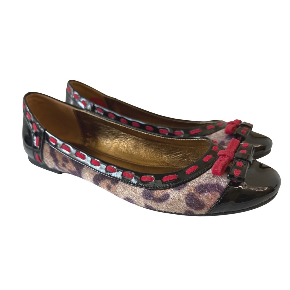 CafeNoir Leopard Calf Hair Ballet Flats Black Patent Red Whipstitch Bow Size 40